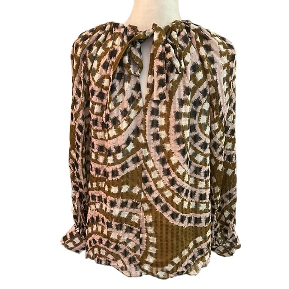 Marie Oliver Jenna Silk Blend Tapenade Mosaic Print Tie Back Blouse - M - Picture 9 of 15